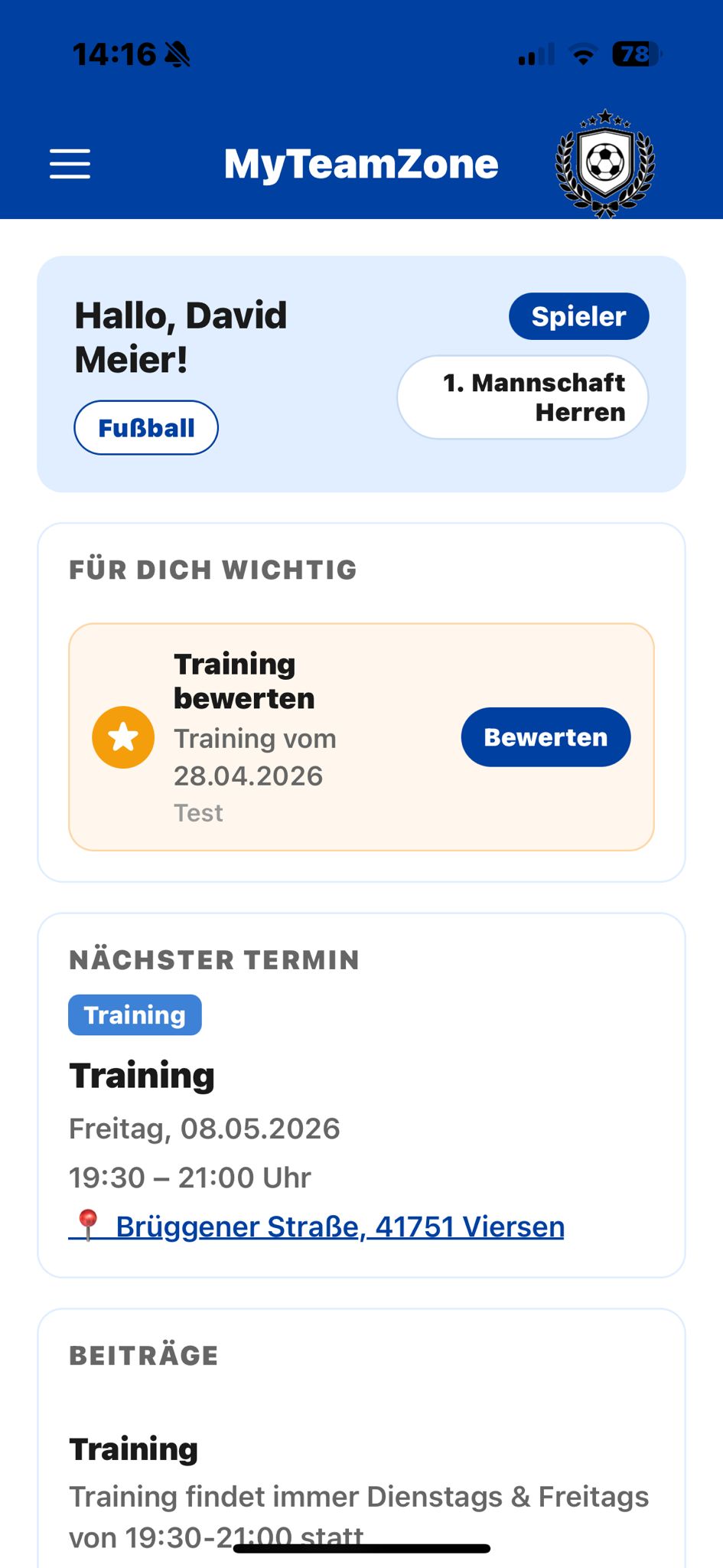 MyTeamZone Spieler-Homescreen mit Termin, Beiträgen und Trainingsbewertung