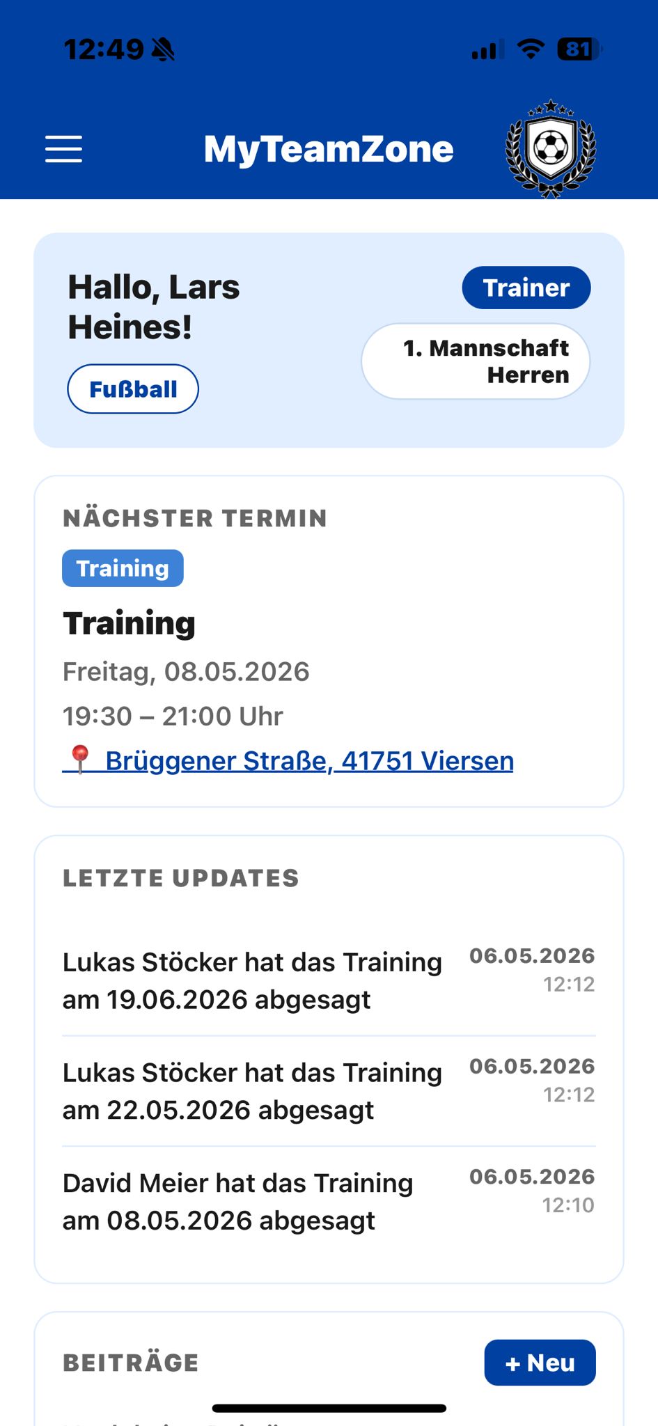 MyTeamZone Trainer-Homescreen mit nächstem Termin und Updates